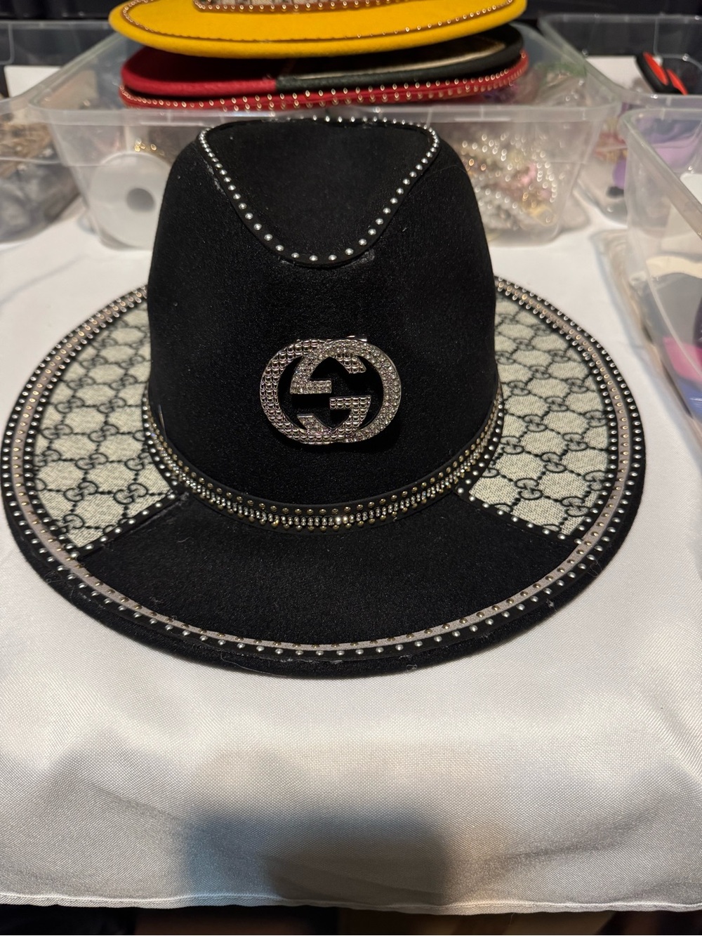 Black Fedora with Crystal GG and Monogram Trim